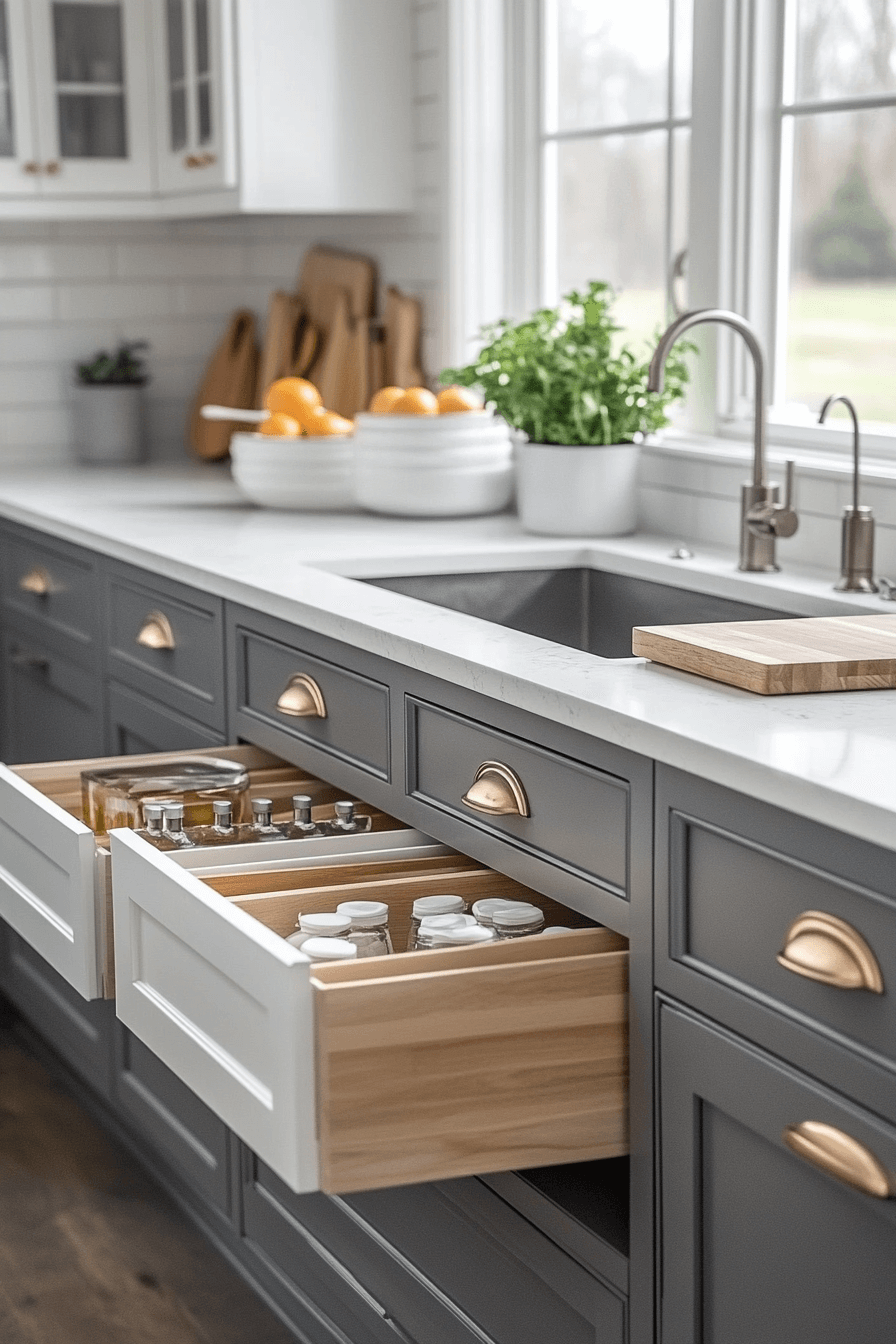 grey and white kitchen cabinets