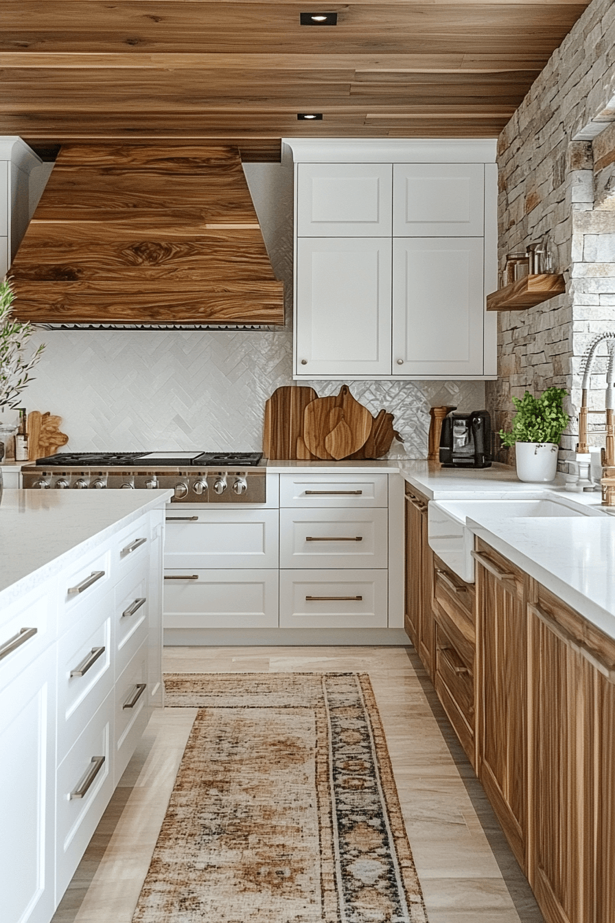 white and wood kitchen cabinets