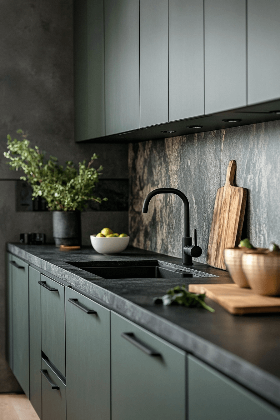 pewter green kitchen cabinets