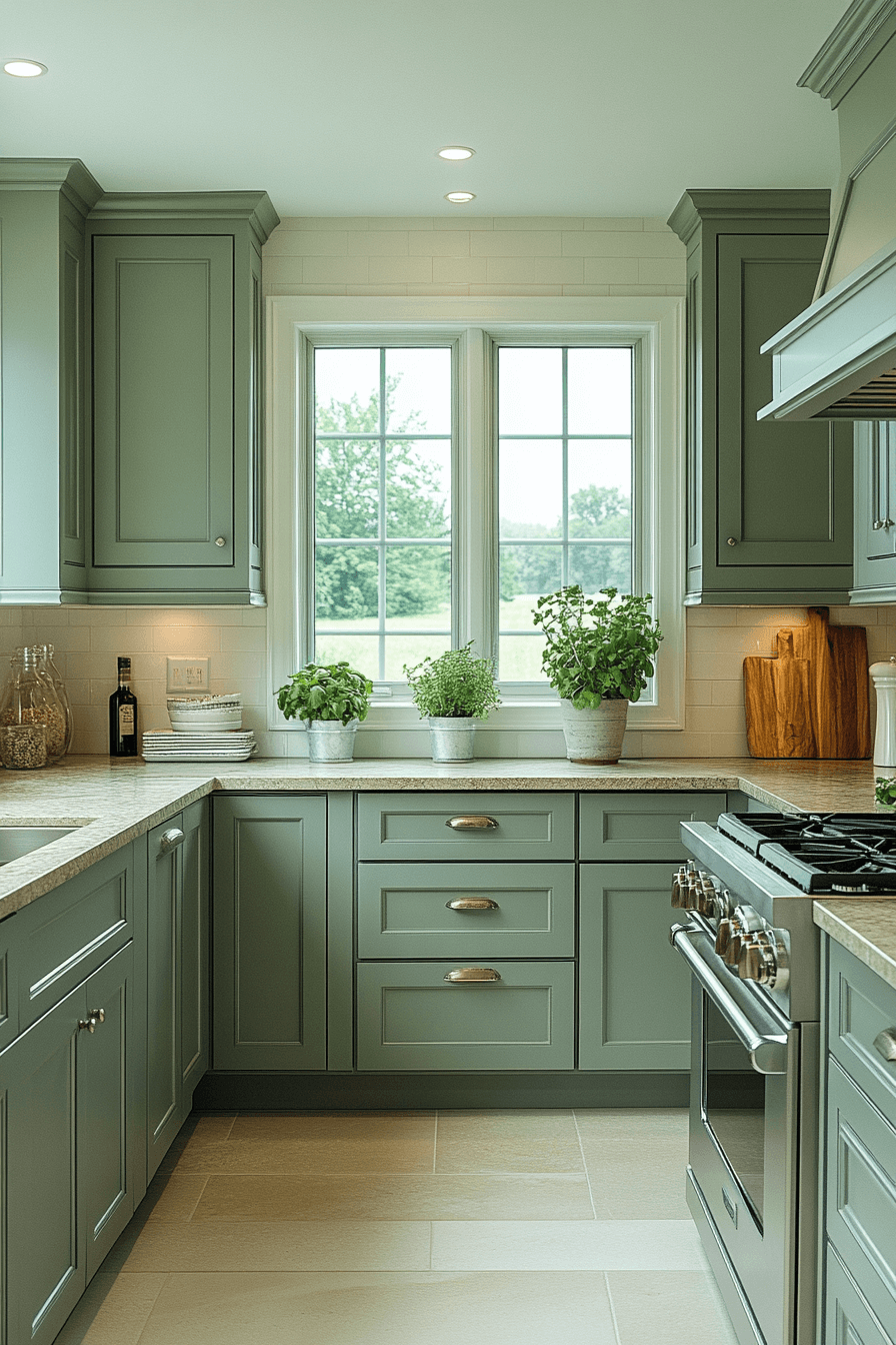pewter green kitchen cabinets
