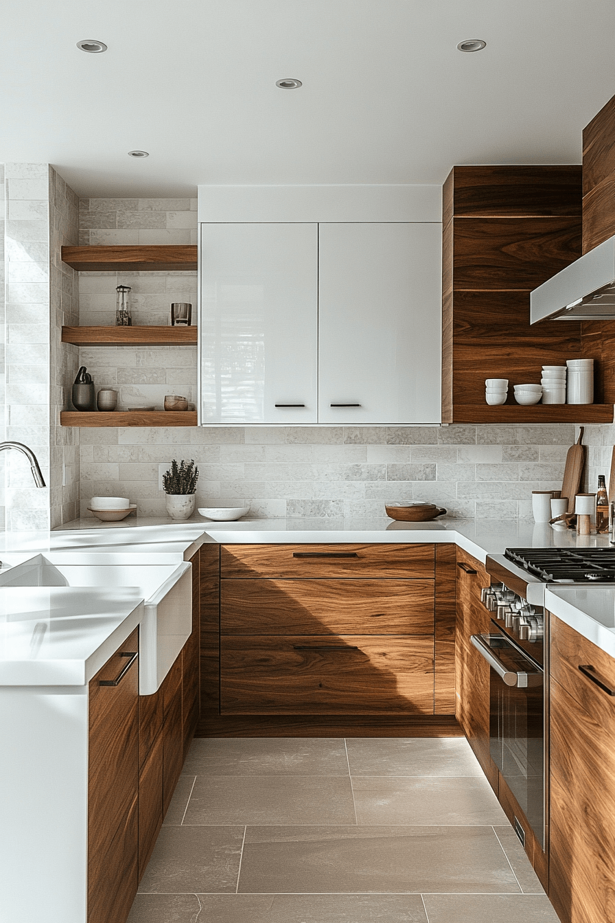 white and wood kitchen cabinets
