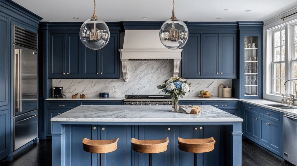 blue and white kitchen cabinets