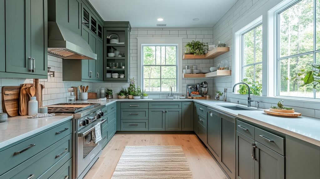 pewter green kitchen cabinets