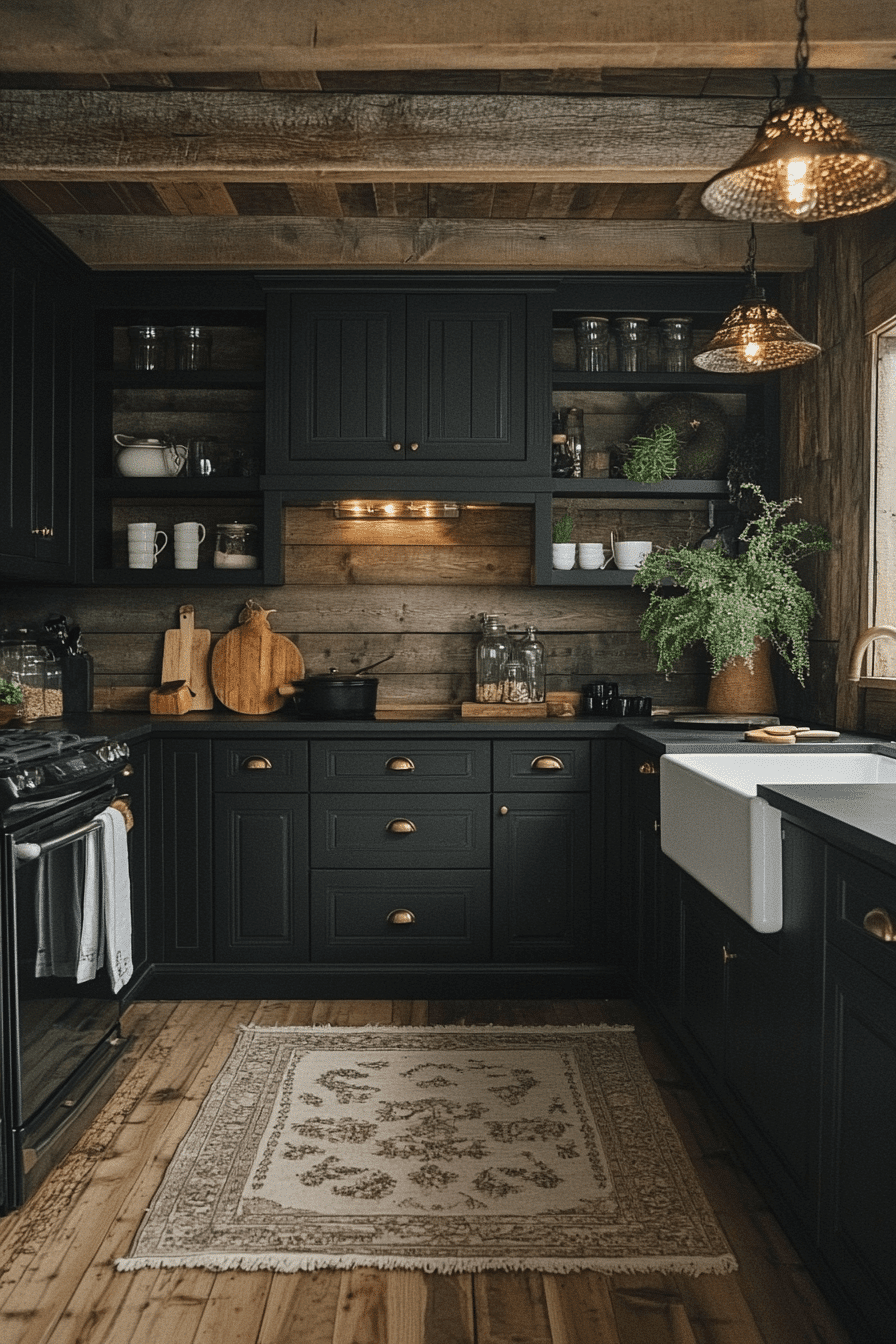 rustic black kitchen cabinets