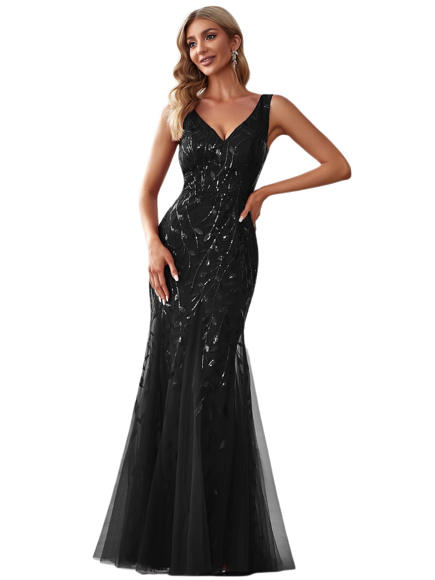 Ever-Pretty Women's Sequin Double V-Neck Sleeveless Mermaid Long Evening Dress