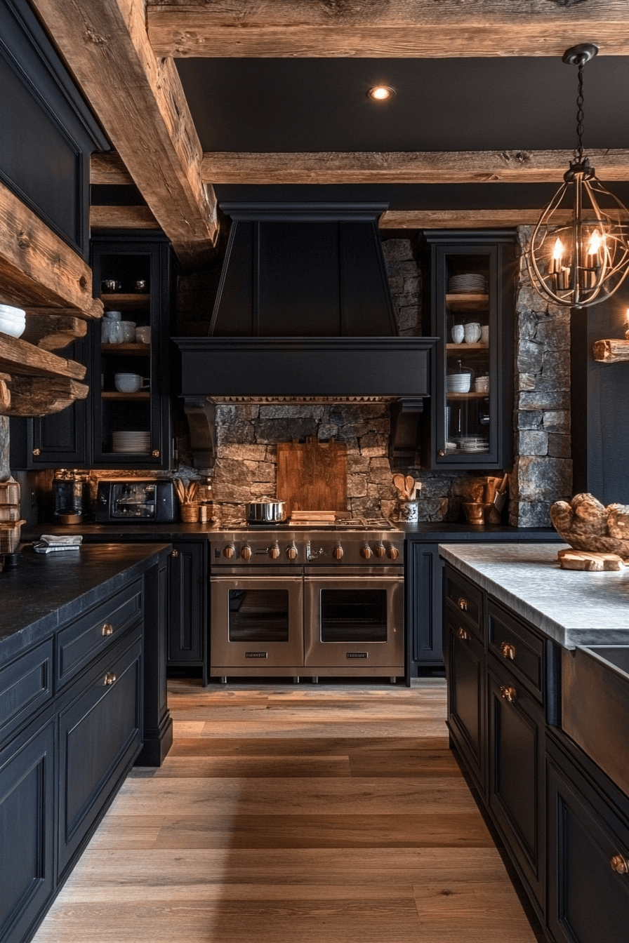 rustic black kitchen cabinets