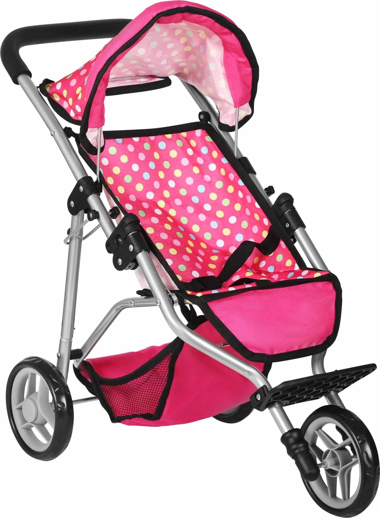 Fash N Kolor - Baby Doll Stroller with Adjustable Canopy & Toy Storage Basket - Foldable Baby Stroller for Pretend Play - Denim Pink, Polka Dot Print