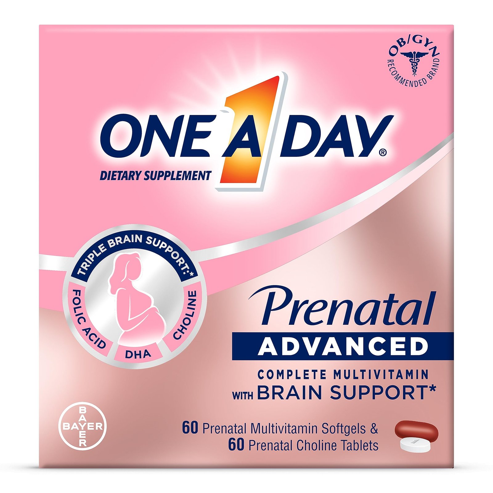One A Day Women’s Prenatal Advanced Complete Multivitamin with Brain Support* with Choline, Folic Acid, Omega-3 DHA & Iron for Pre, During and Post Pregnancy, 60+60 Count (120 Count Total Set)
