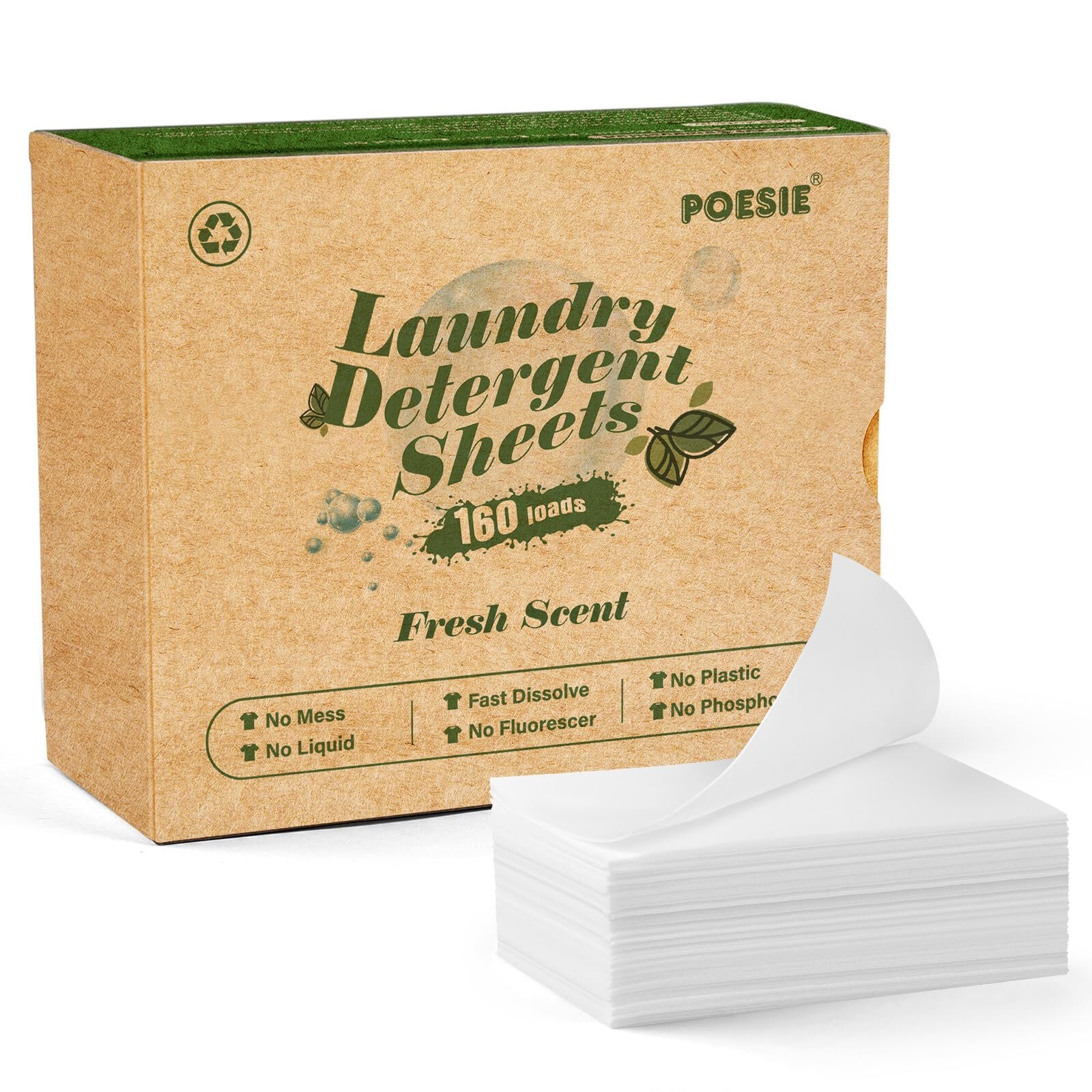 Poesie Laundry Detergent Sheets Fresh Scent Eco-Friendly 160 Sheets Clear Plastic-Free Hypoallergenic Liquid Less Sheets for Home Dorm Travel Camping & Hand Washing Clean No Waste Fresh 160 Count (Pack of 1)