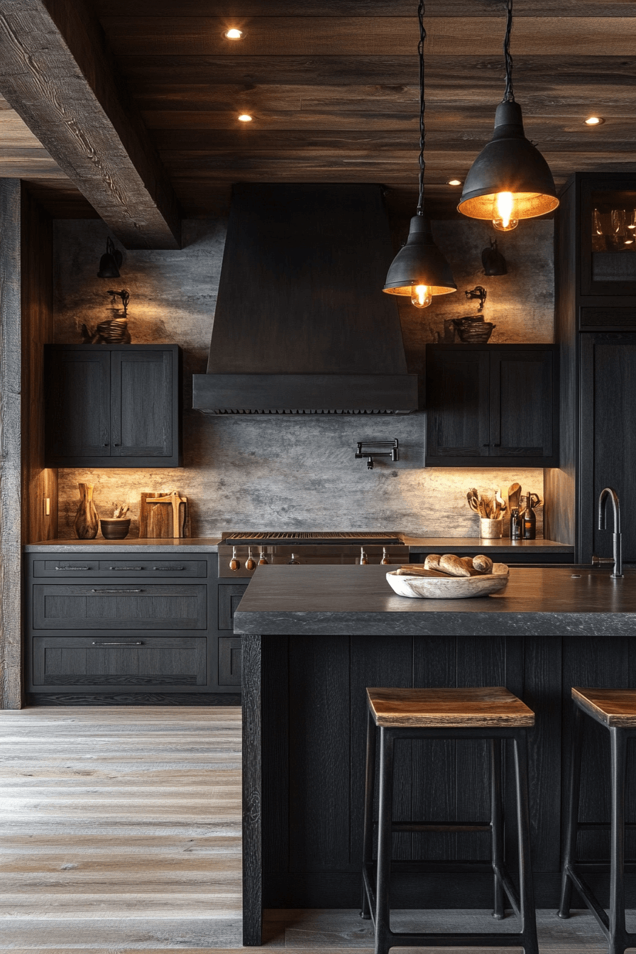 rustic black kitchen cabinets