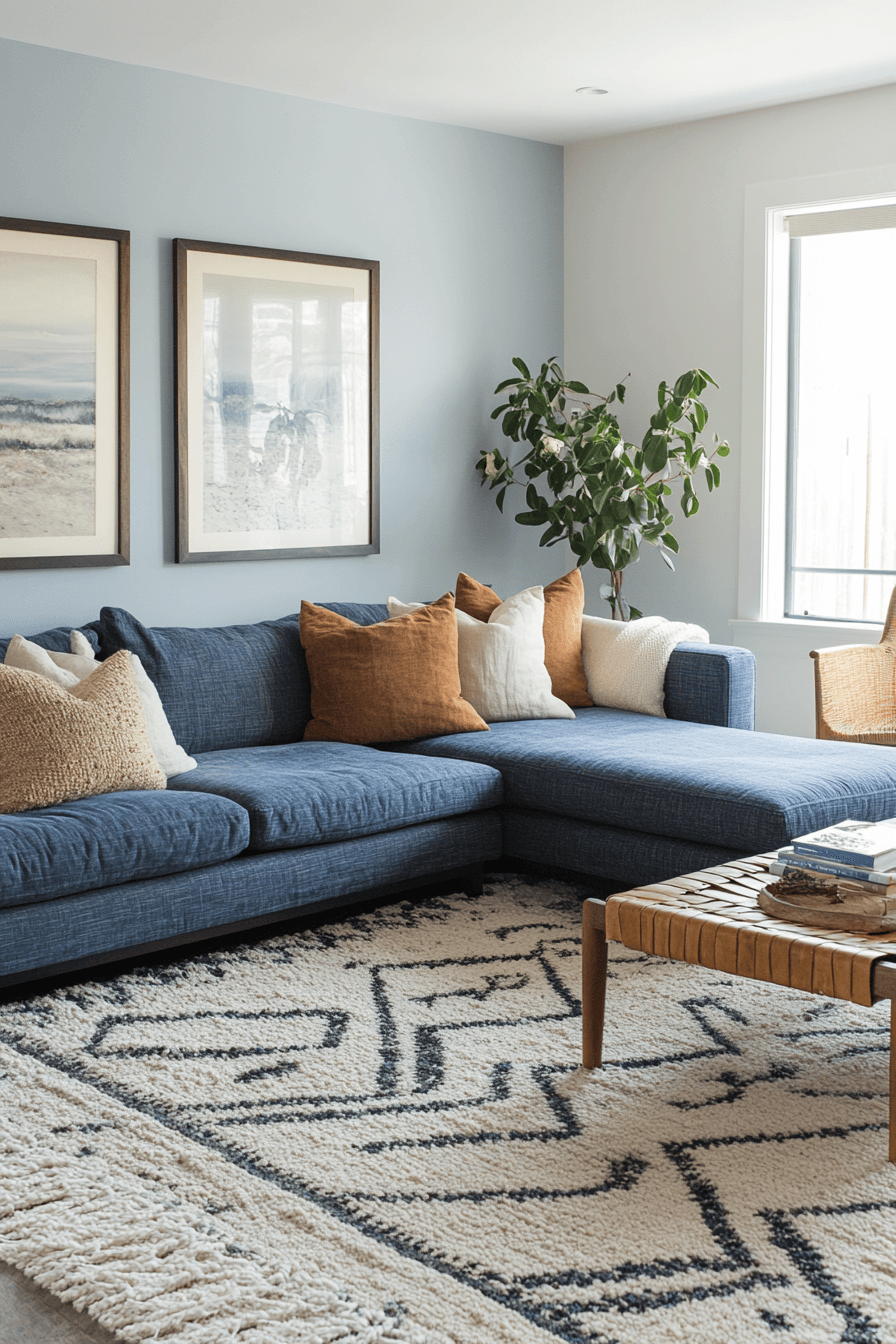 brown and blue living room