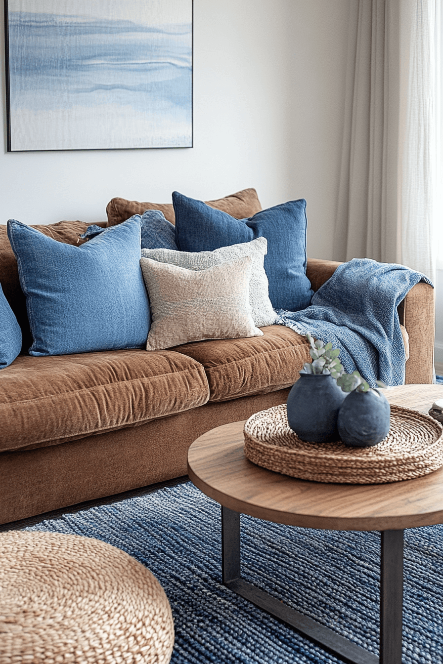 brown and blue living room