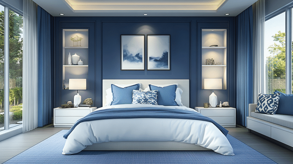 blue and white bedroom