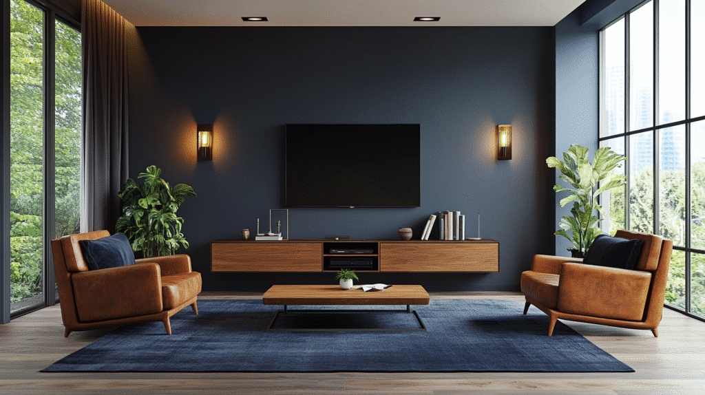 brown and blue living room
