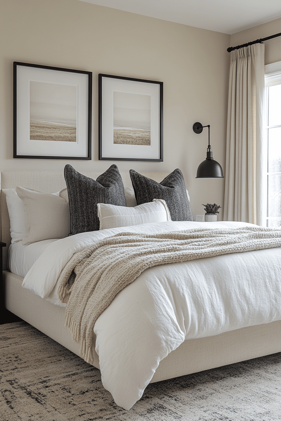 neutral bedroom with black accents