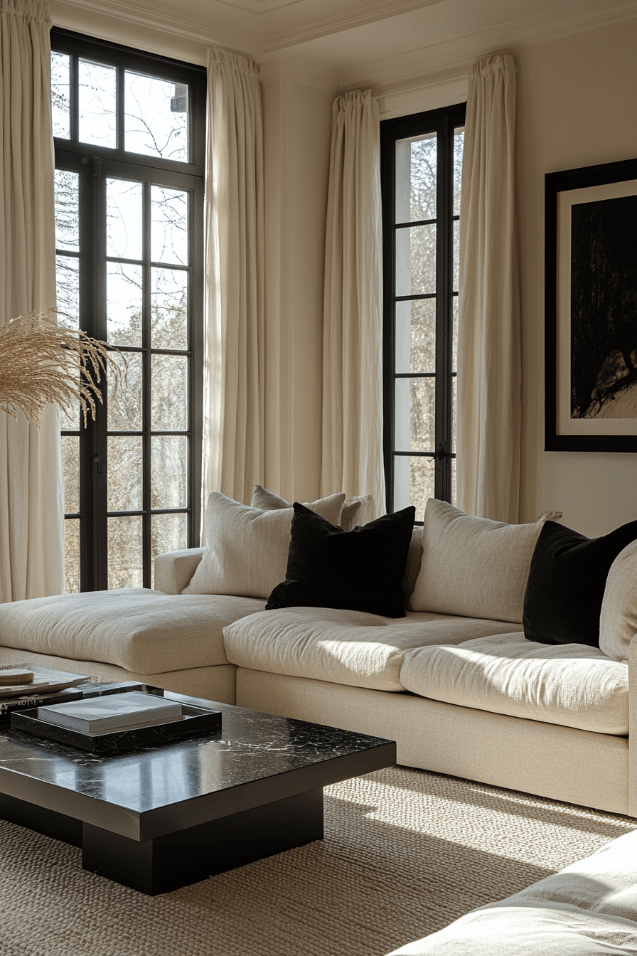 neutral living room with black accents