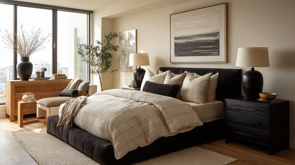 neutral bedroom with black accents