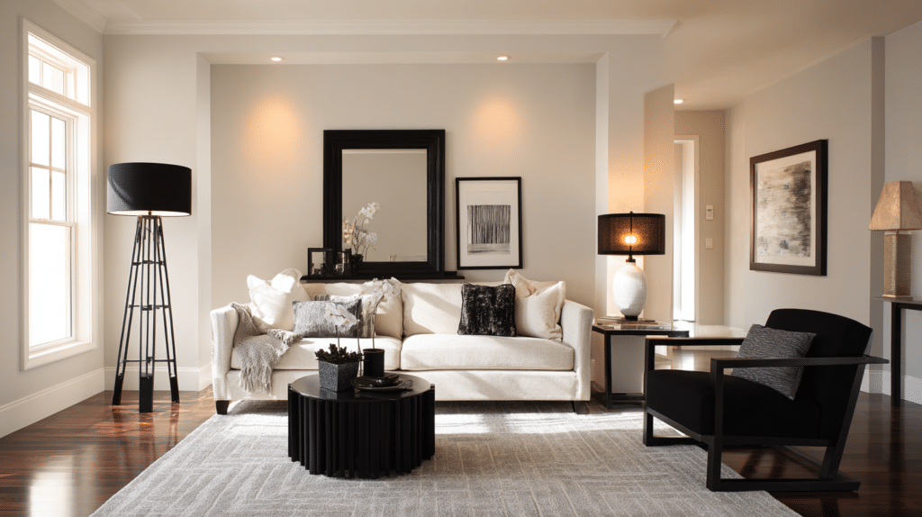 neutral living room with black accents