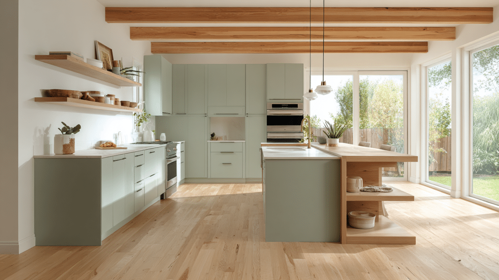 sage green and wood kitchen