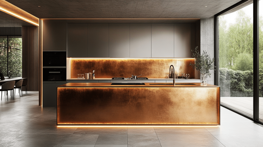 copper backsplash kitchen