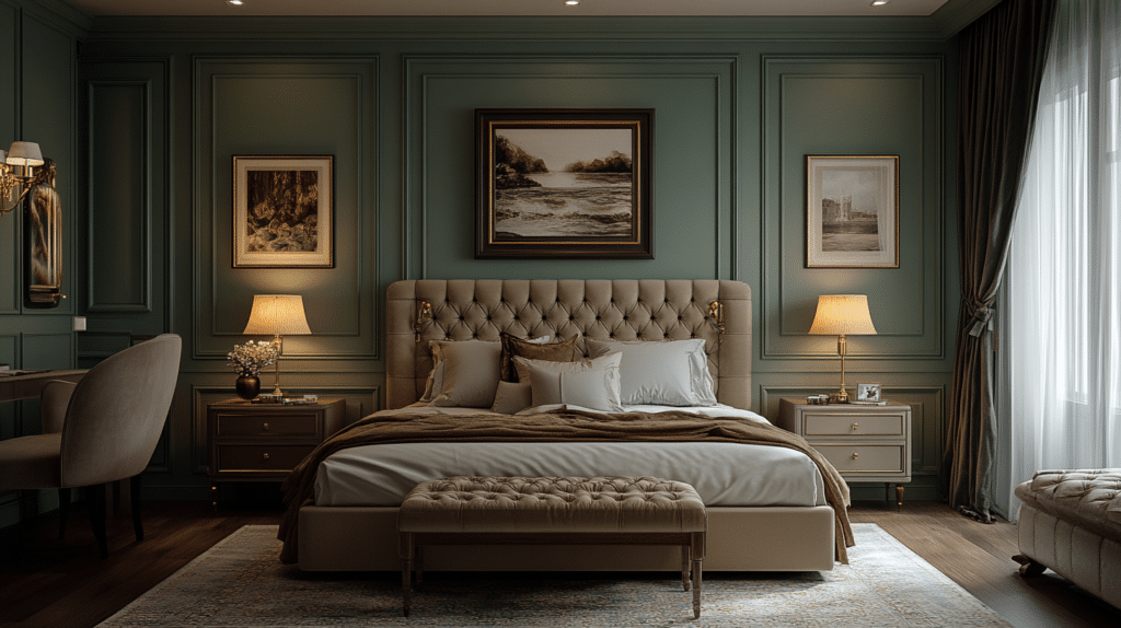 sage green and grey bedroom