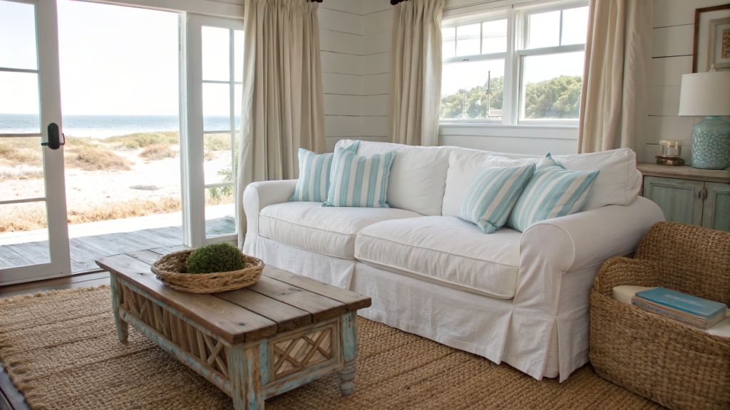 29 Coastal Casual Living Room Ideas That Welcome Sand on the Floor 34 coastal casual living room