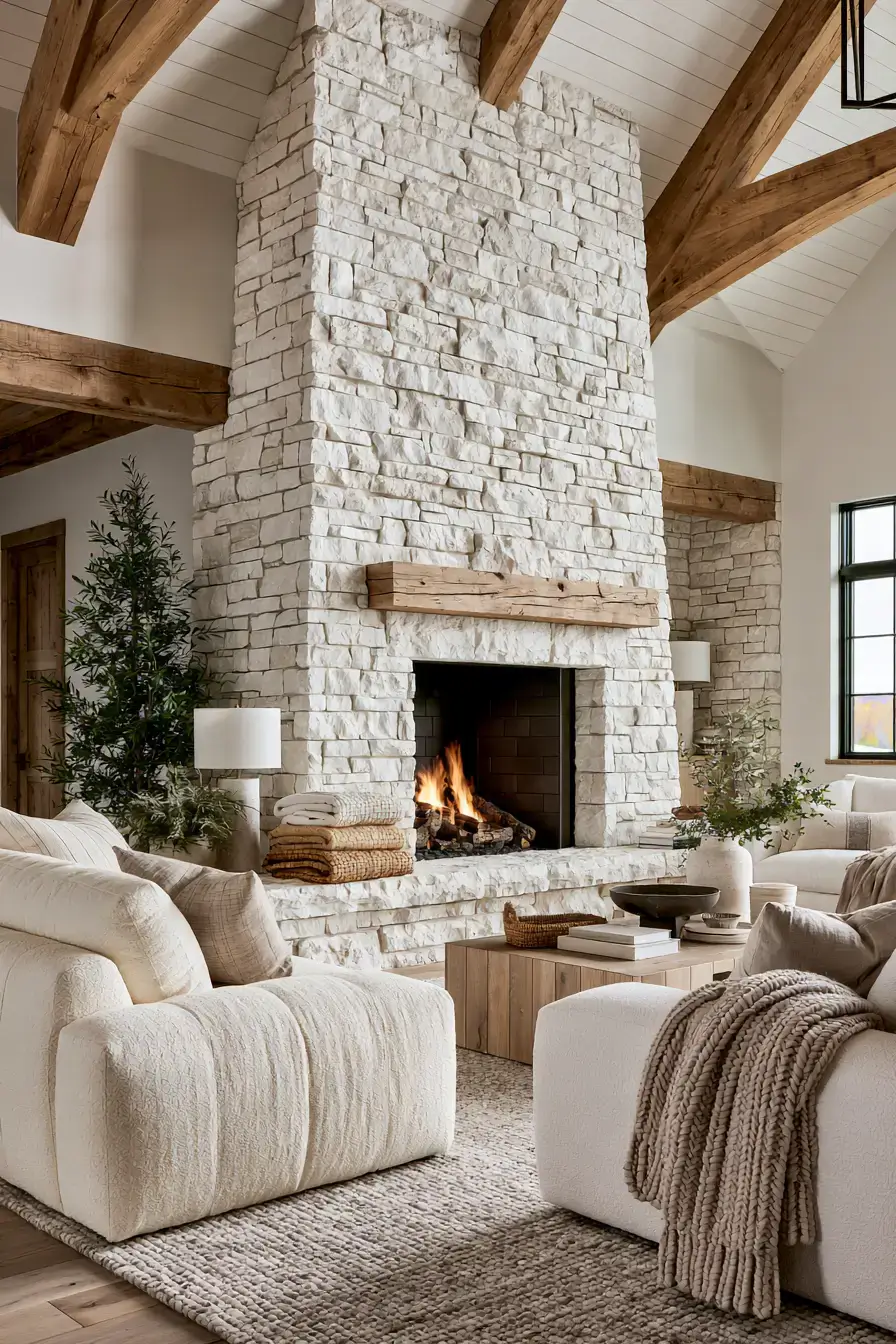 29 White Stone Fireplace Ideas for a Brighter Hearth 1 white stone fireplace