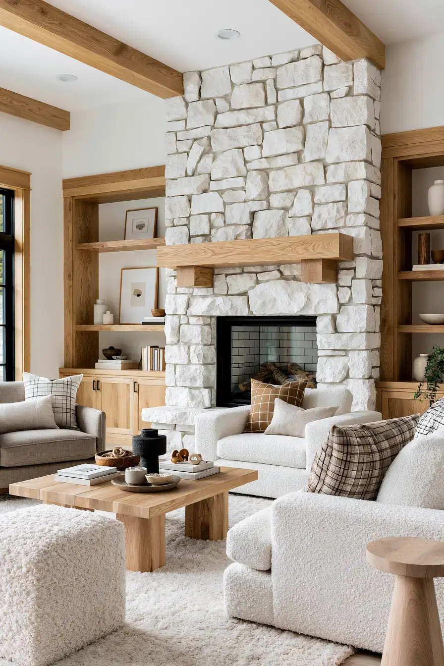 29 White Stone Fireplace Ideas for a Brighter Hearth 11 white stone fireplace