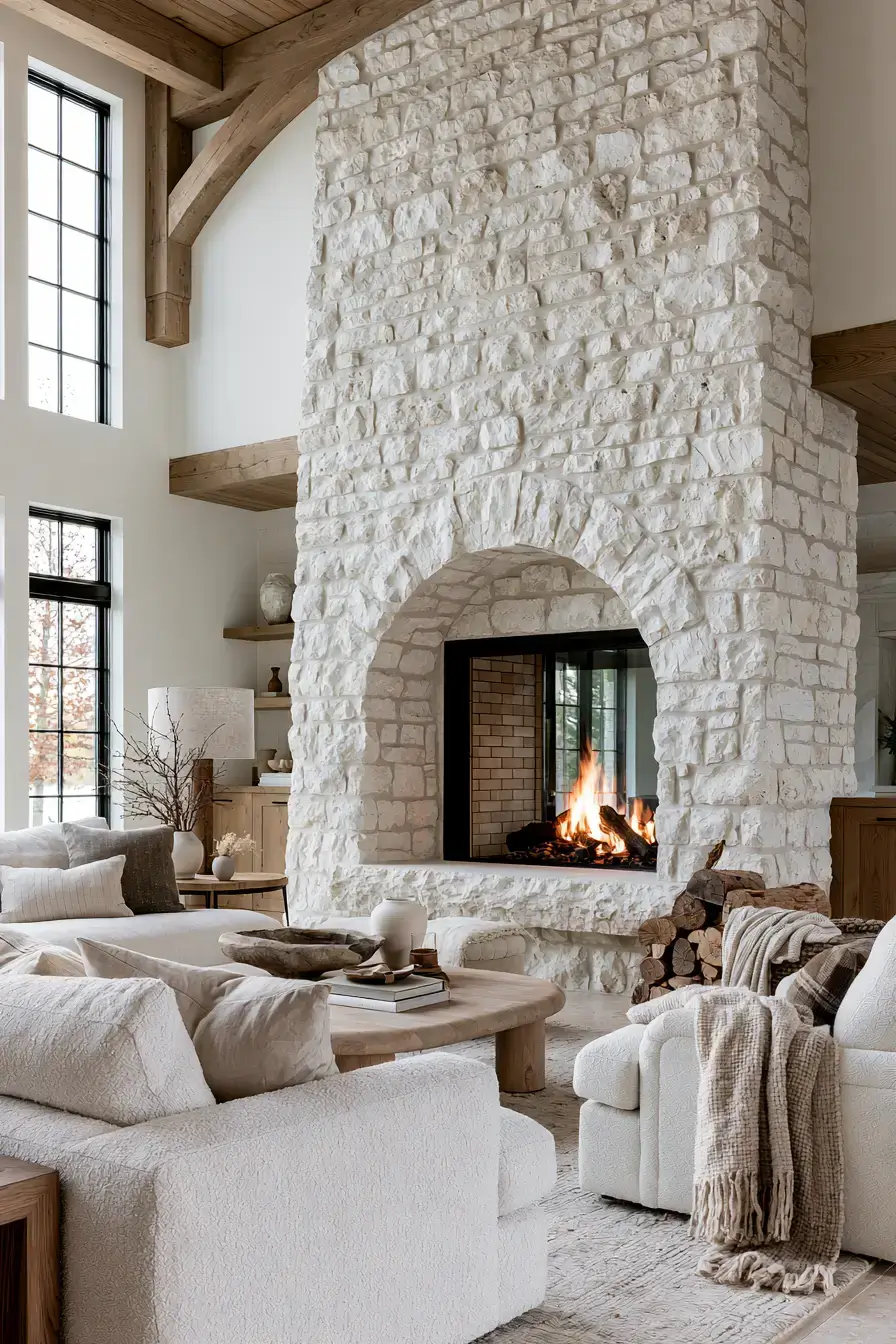 29 White Stone Fireplace Ideas for a Brighter Hearth 13 white stone fireplace