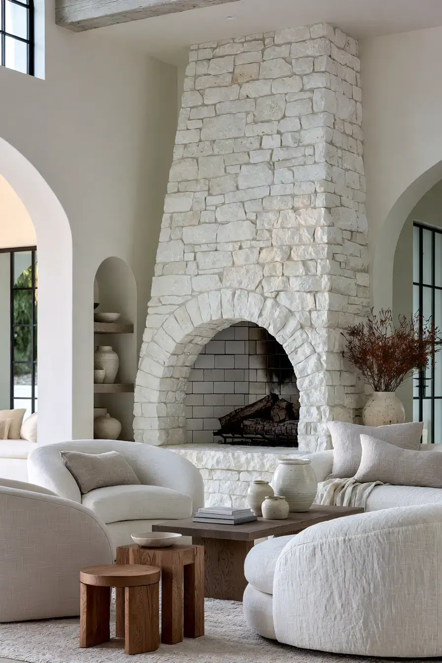 29 White Stone Fireplace Ideas for a Brighter Hearth 14 white stone fireplace