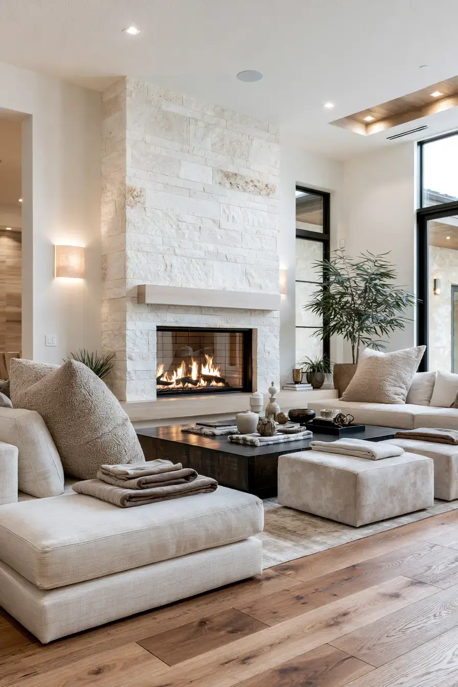 29 White Stone Fireplace Ideas for a Brighter Hearth 15 white stone fireplace