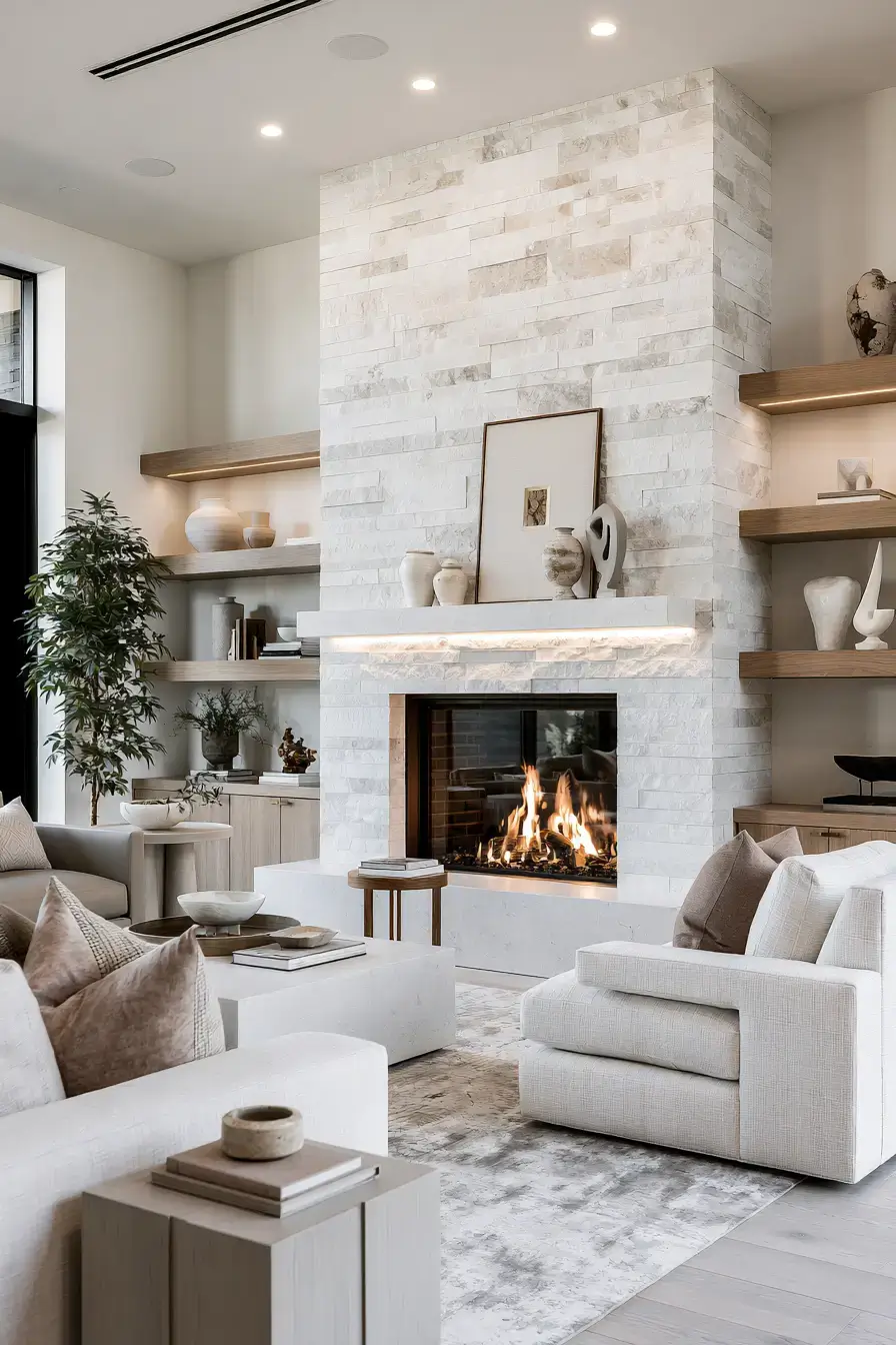 29 White Stone Fireplace Ideas for a Brighter Hearth 16 white stone fireplace