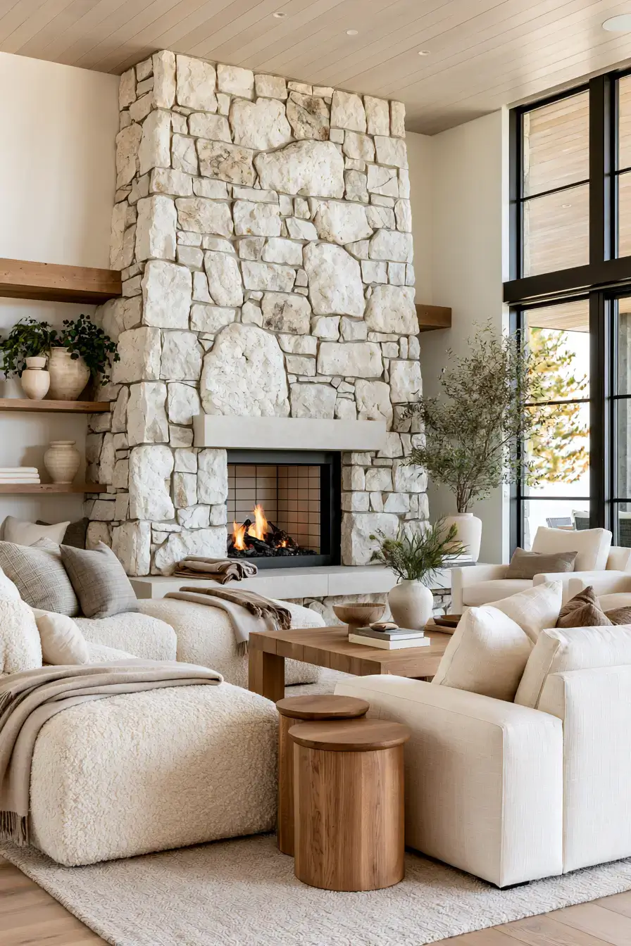 29 White Stone Fireplace Ideas for a Brighter Hearth 19 white stone fireplace