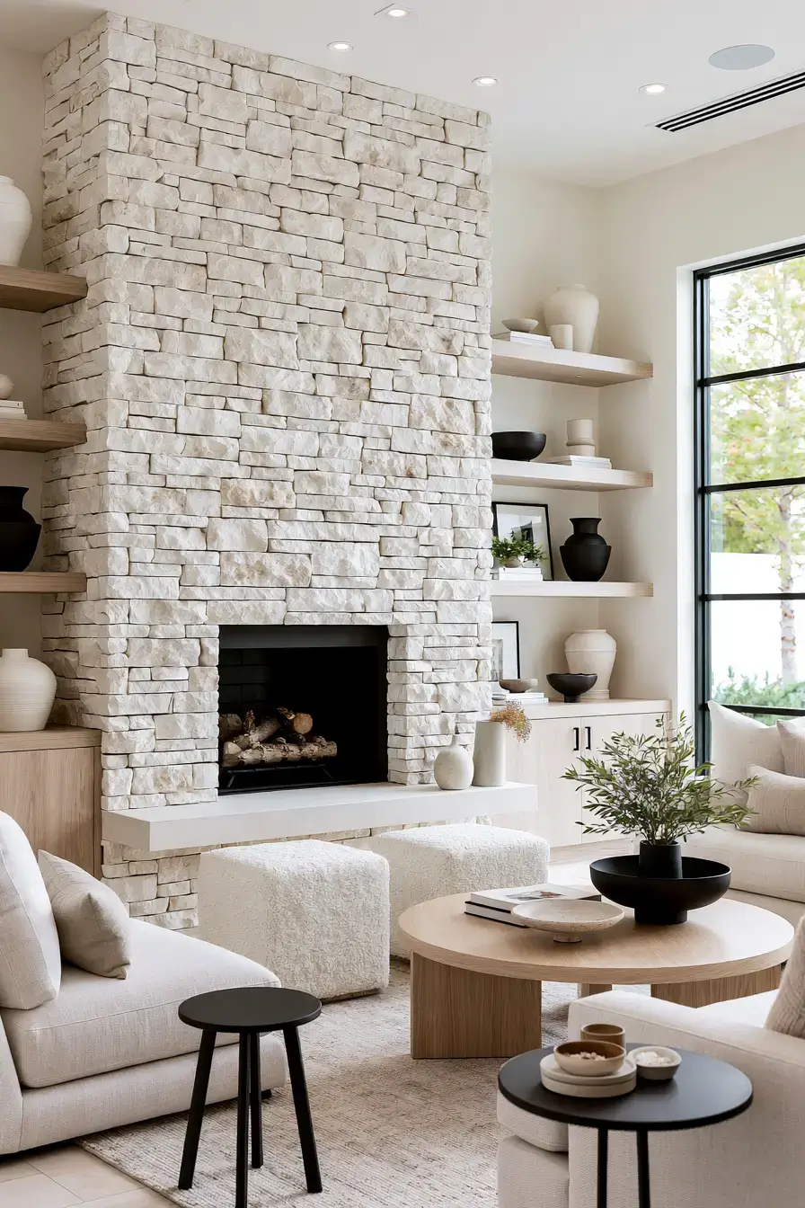 29 White Stone Fireplace Ideas for a Brighter Hearth 2 white stone fireplace