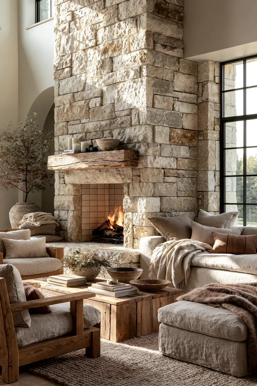 29 Rustic Stone Fireplace Ideas for Fireside Evenings 22 rustic stone fireplace