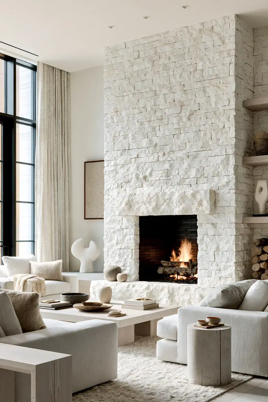 29 White Stone Fireplace Ideas for a Brighter Hearth 23 white stone fireplace