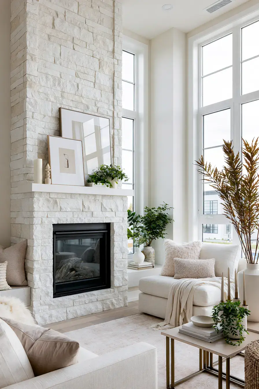 29 White Stone Fireplace Ideas for a Brighter Hearth 25 white stone fireplace