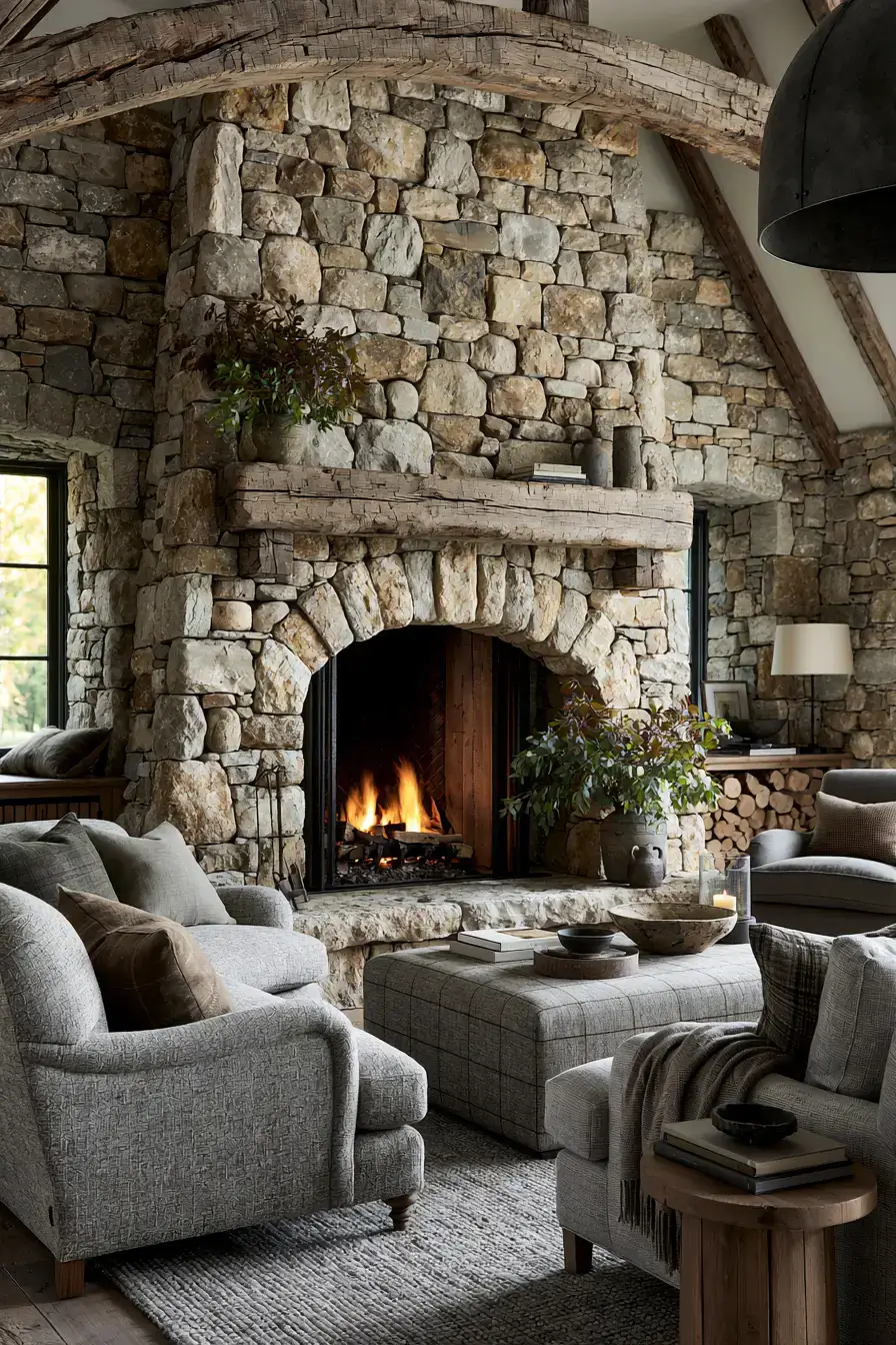 29 Rustic Stone Fireplace Ideas for Fireside Evenings 27 rustic stone fireplace