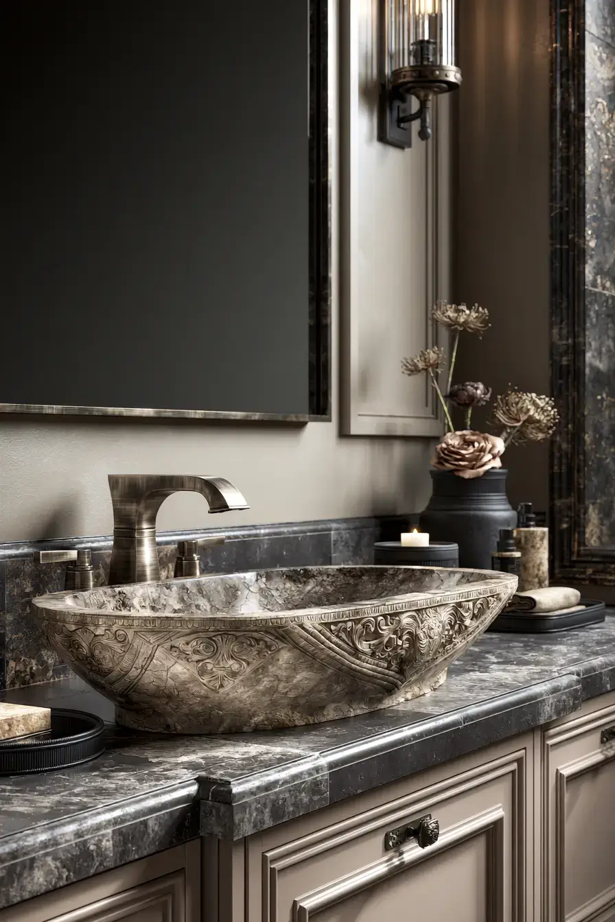29 Stone Sink Bathroom Ideas for a Sculpted Wash Space 28 stone sink bathroom