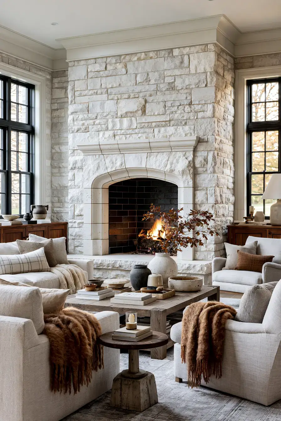 29 White Stone Fireplace Ideas for a Brighter Hearth 29 white stone fireplace