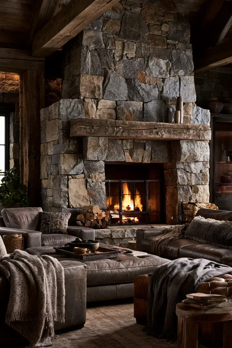 29 Rustic Stone Fireplace Ideas for Fireside Evenings 3 rustic stone fireplace