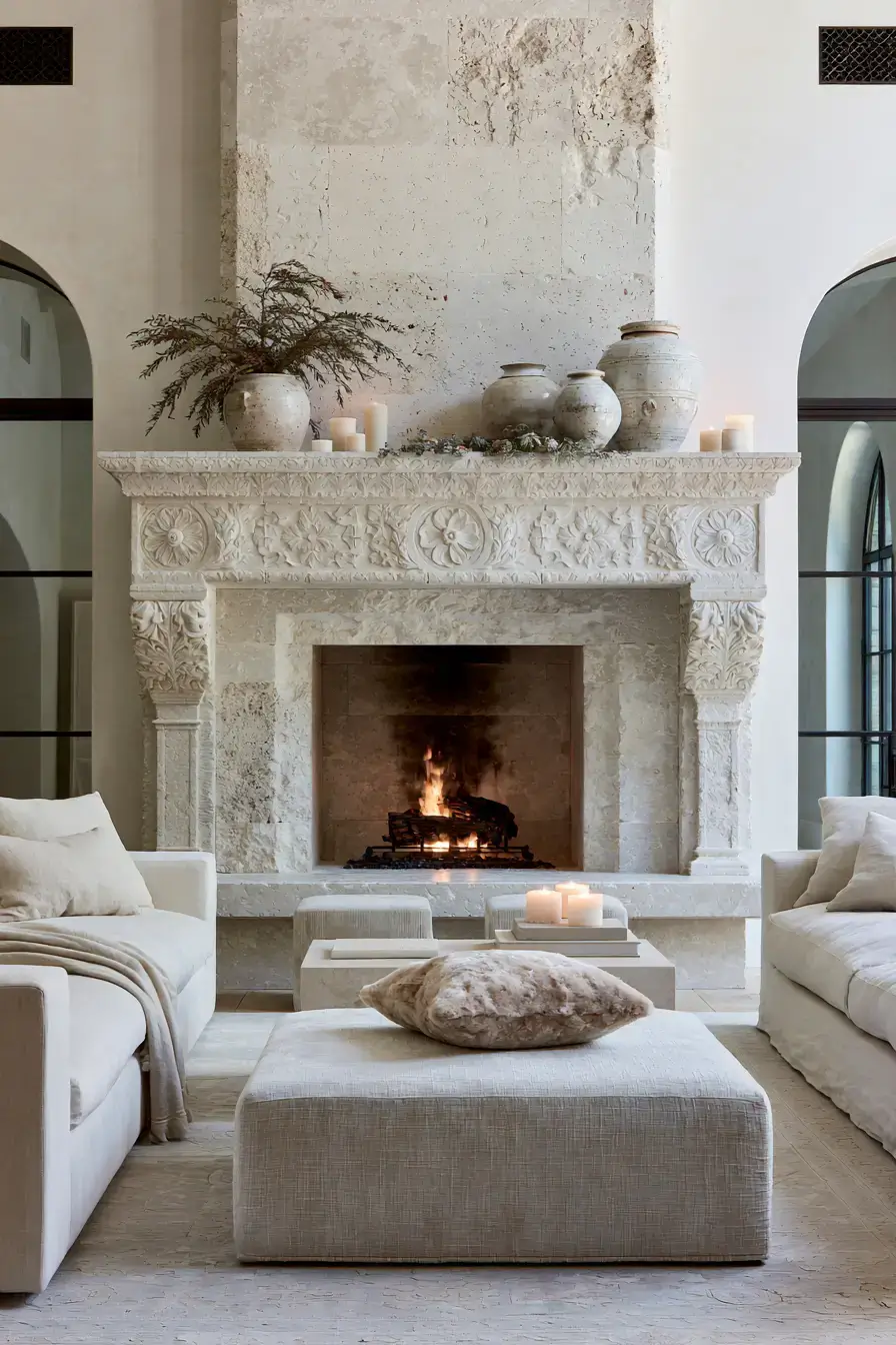 29 White Stone Fireplace Ideas for a Brighter Hearth 3 white stone fireplace