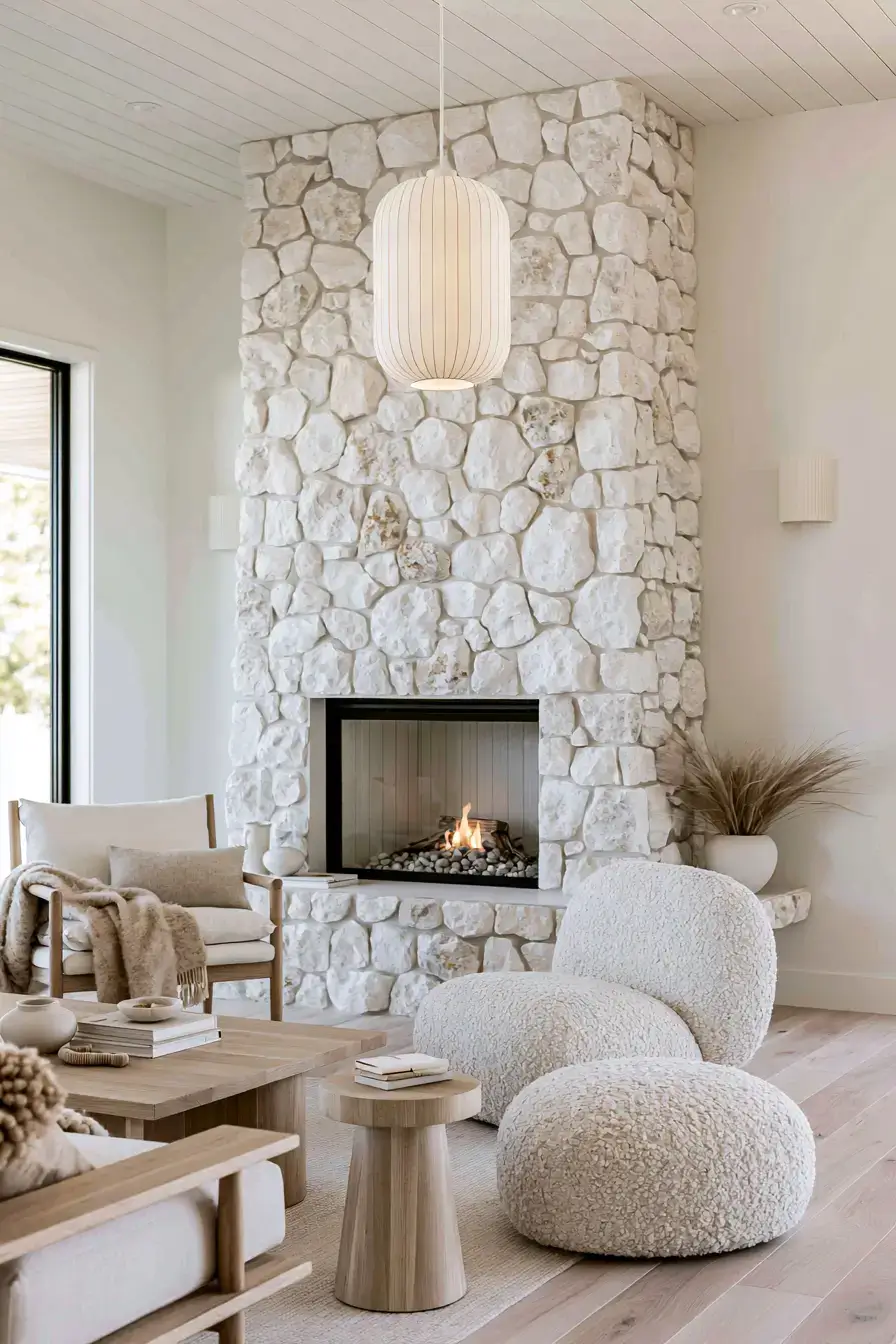 29 White Stone Fireplace Ideas for a Brighter Hearth 4 white stone fireplace