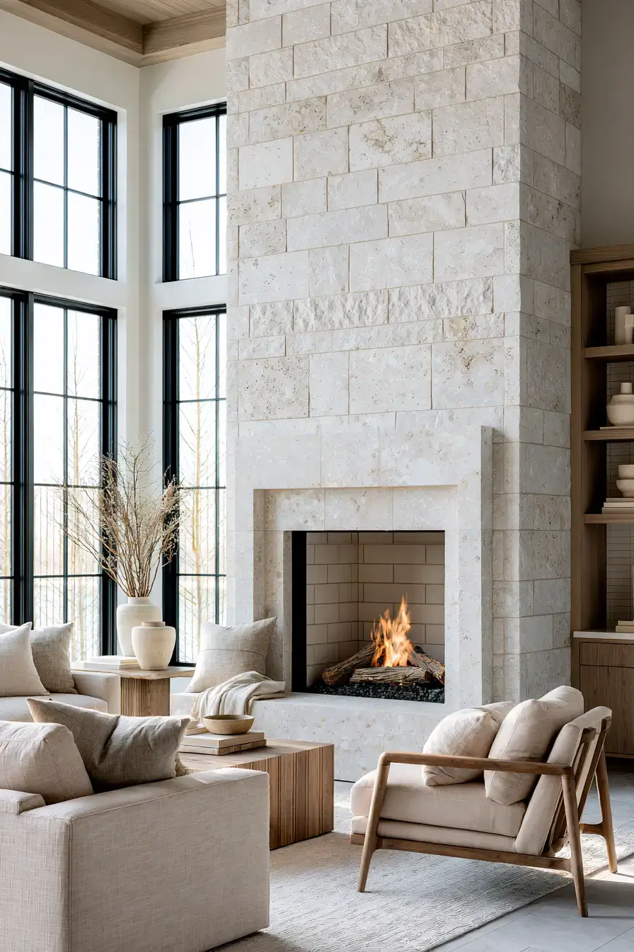29 White Stone Fireplace Ideas for a Brighter Hearth 5 white stone fireplace