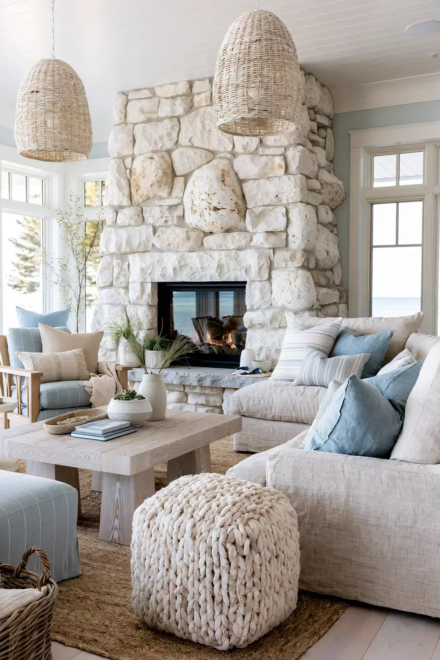 29 White Stone Fireplace Ideas for a Brighter Hearth 6 white stone fireplace