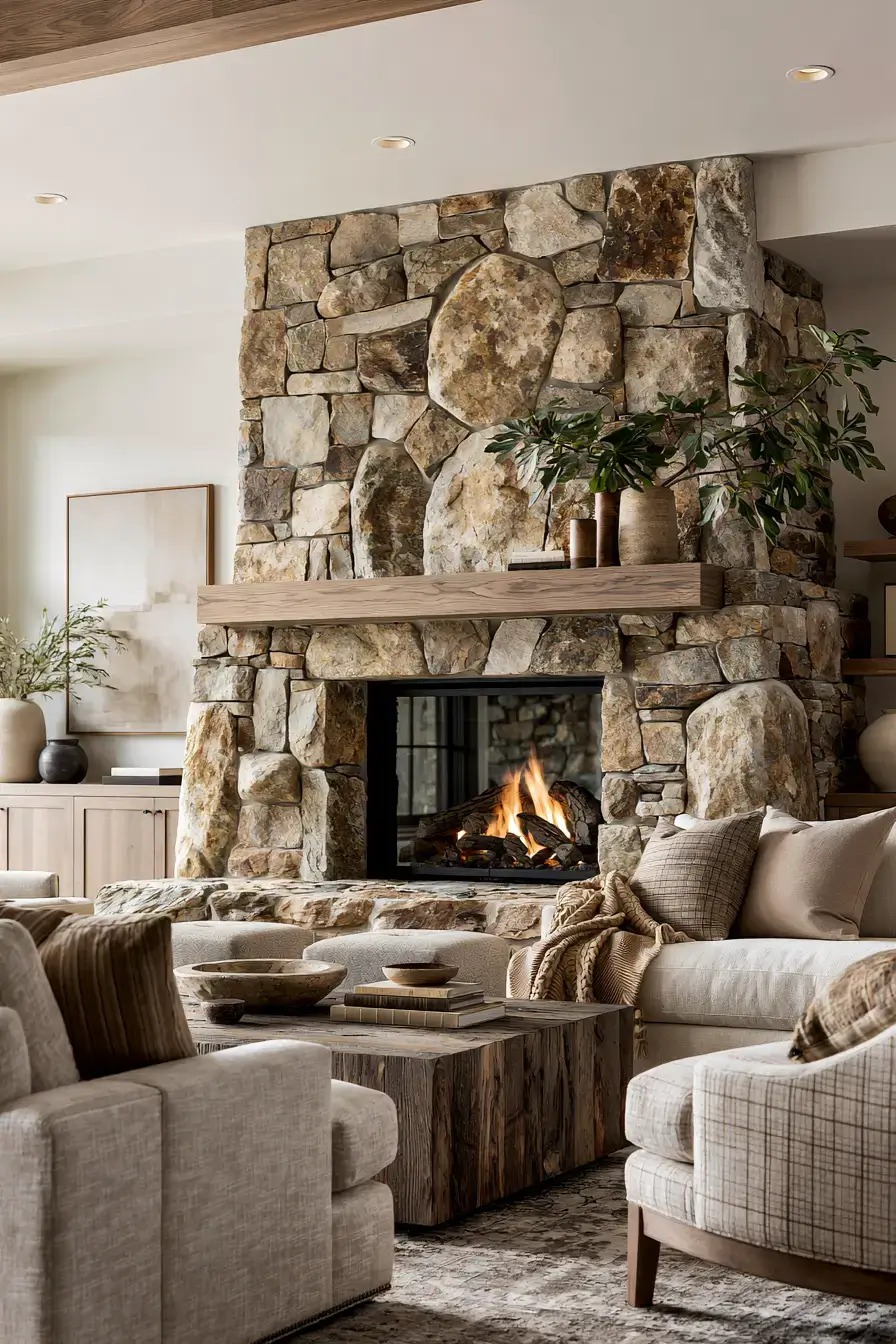 29 Rustic Stone Fireplace Ideas for Fireside Evenings 8 rustic stone fireplace