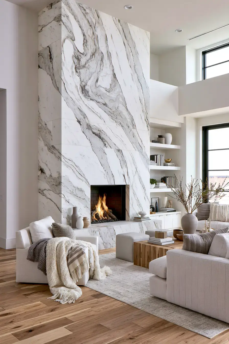 29 White Stone Fireplace Ideas for a Brighter Hearth 9 white stone fireplace