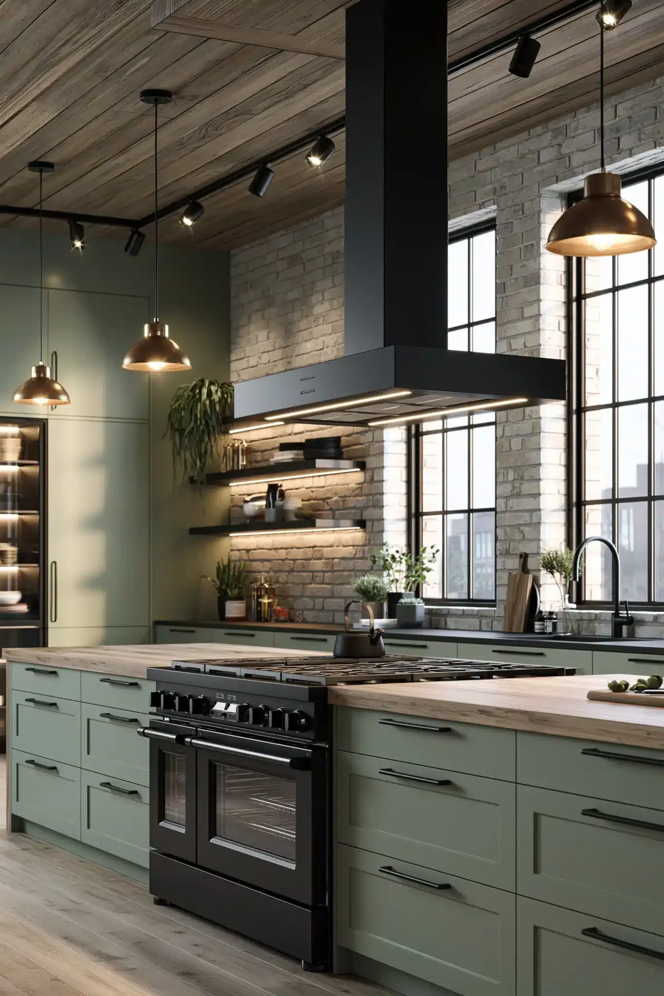 29 Sage Green and Black Kitchen Ideas with Brass Pulls 10