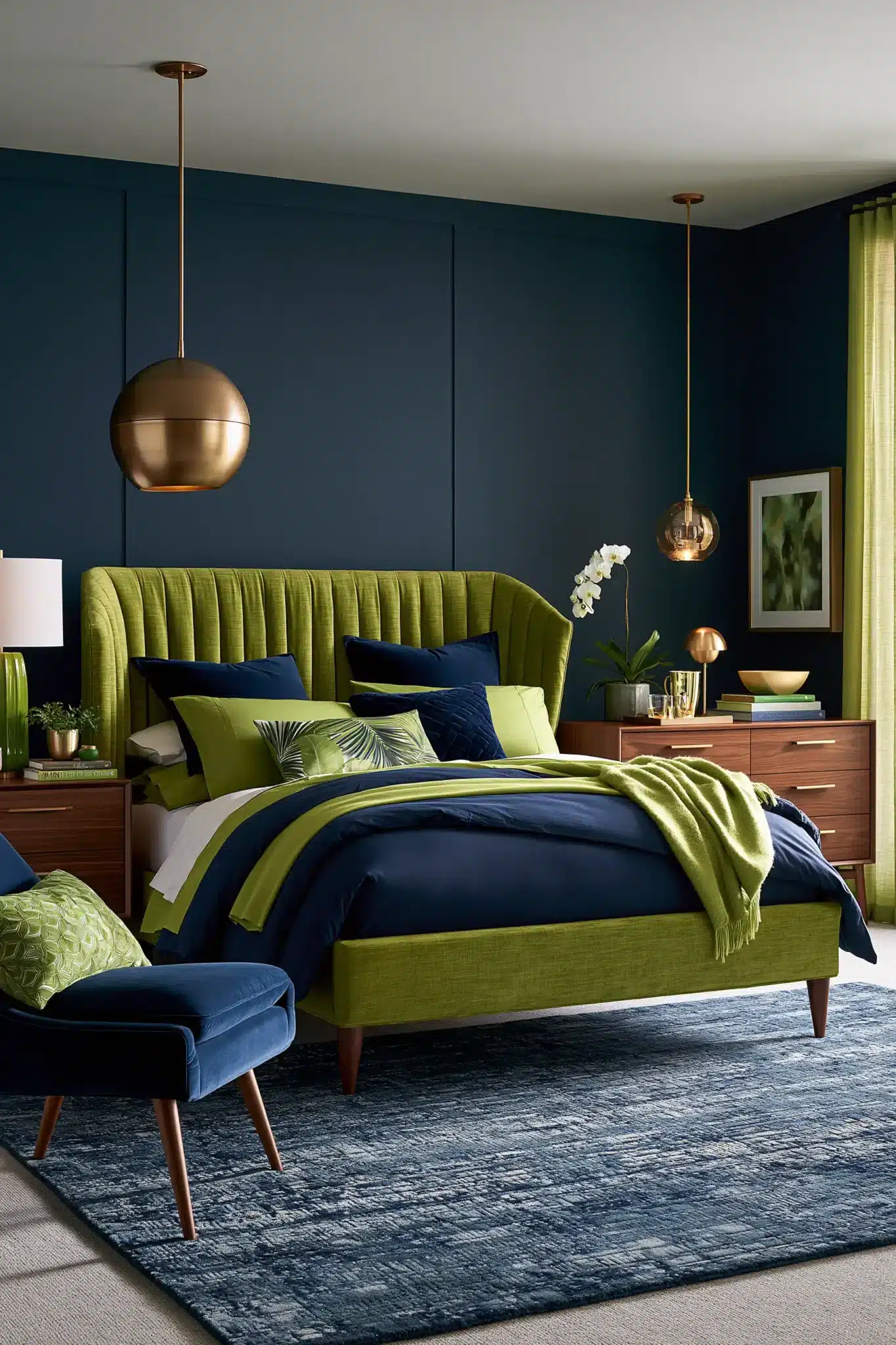 29 Navy Blue and Green Bedroom Ideas with Real Plants 10