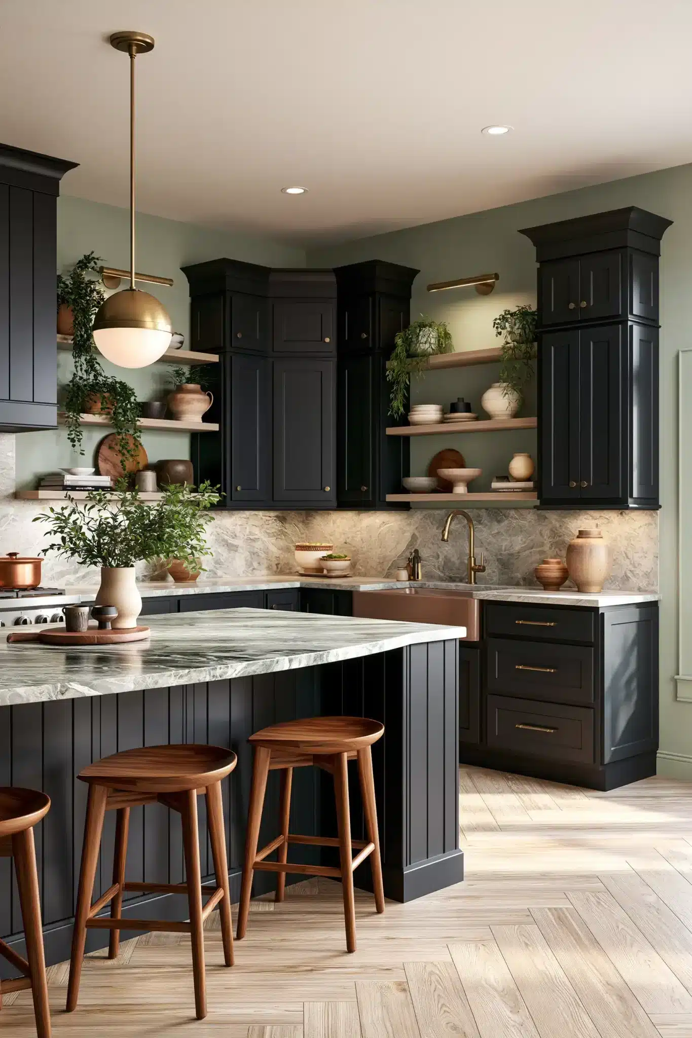 29 Sage Green and Black Kitchen Ideas with Brass Pulls 11